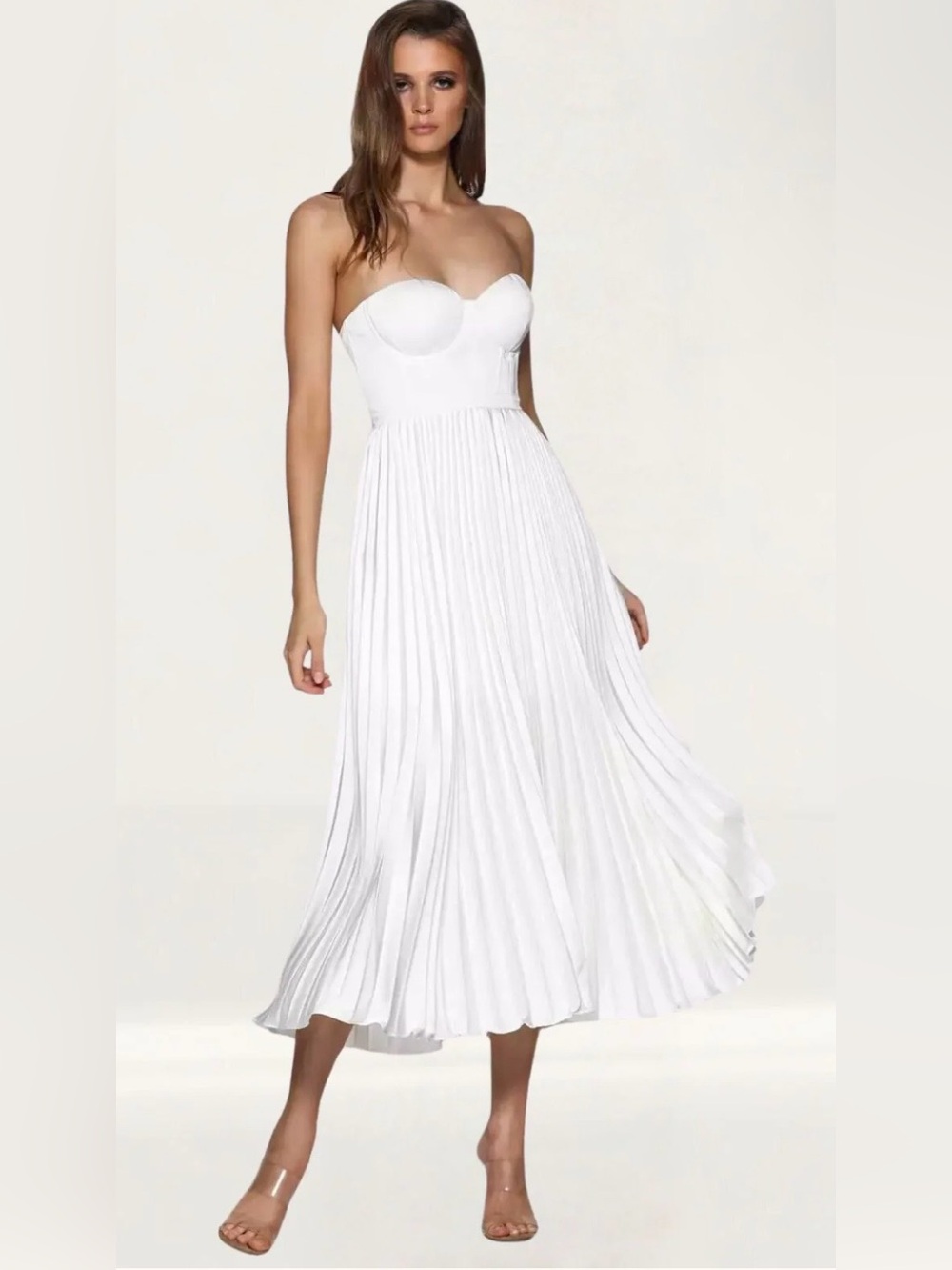 NWT White Satin Corset Pleated Maxi Dress Shawl Bridal Formal Size 4 - Picture 2 of 8